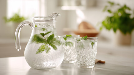 Refreshing mint infused water in glass pitcher and glasses for summer hydration and healthy lifestyle