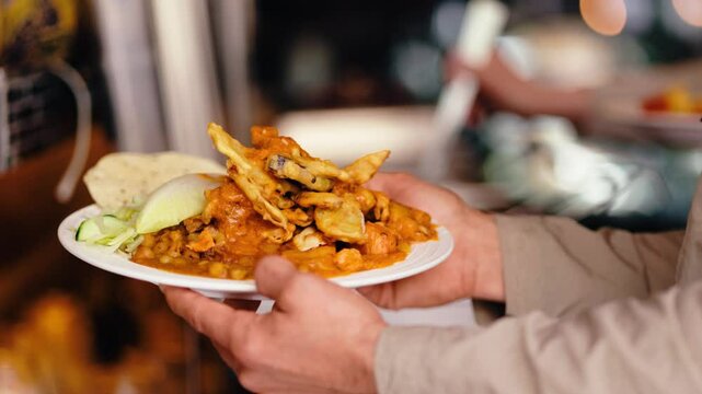 Kunde serviert sich selbst am Buffet eines indischen Restaurants einen gro&szlig;en Teller voll Essen