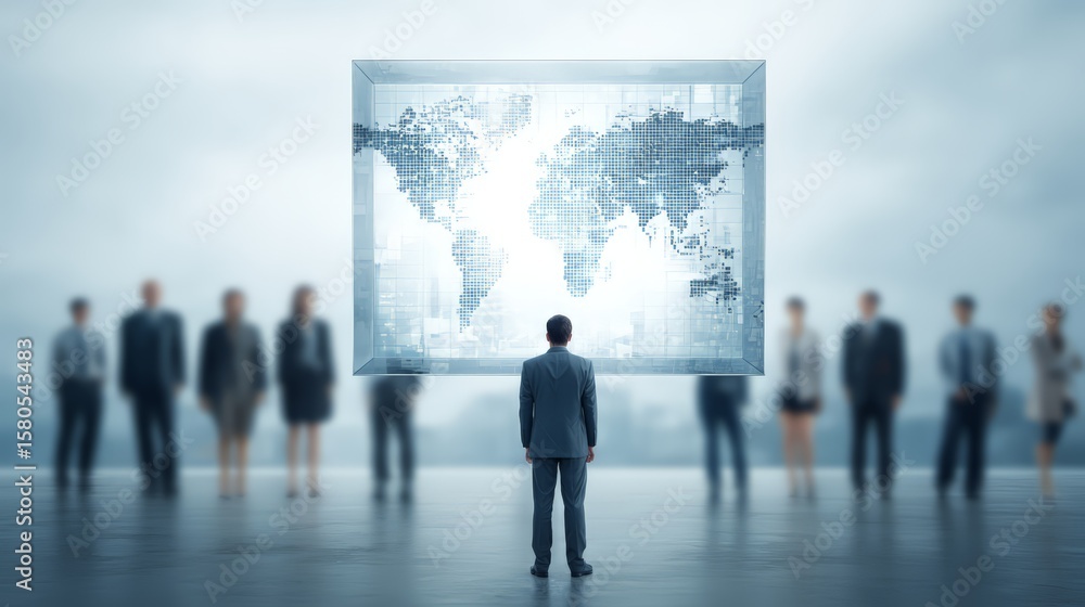 Poster individual analyzing global data through a digital interface in a professional setting.