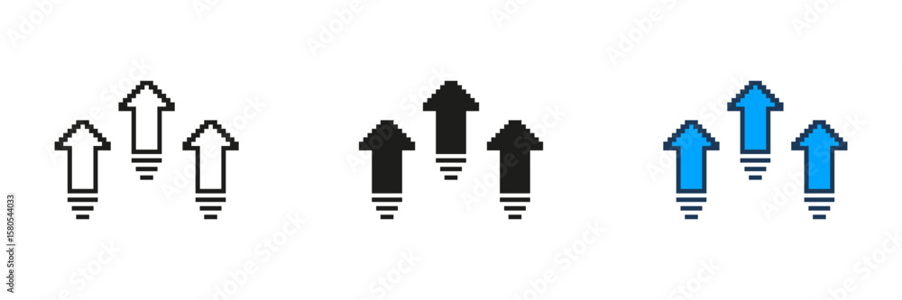 Poster upward arrows pixelated icon set. pixel art symbol of growth and progress. development and improveme