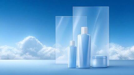 Fototapeta premium Stylish blue skincare products elegantly displayed against a serene sky backdrop.