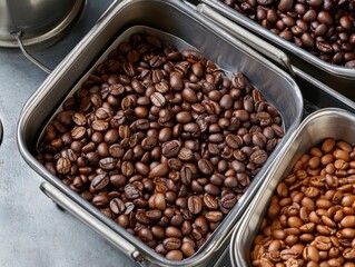 Fototapeta premium Multiple containers filled with roasted coffee beans indoors