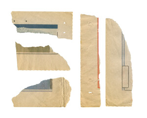 Set of torn pieces of newspaper isolated on transparent background.	