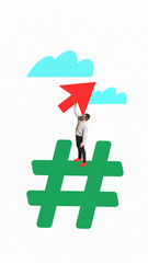 Digital pop-art collage with man standing on hashtag holding upward arrow. Concept of growth,...