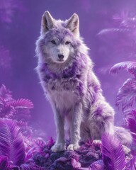 Obraz premium Silver-coated wolf spirit facing viewer, deep violet forest glow behind