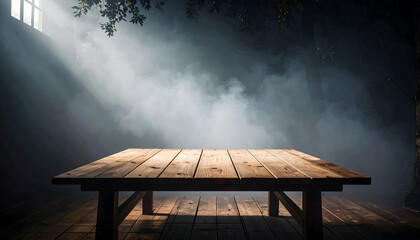 Rustic Wooden Table in Dark Foggy Room