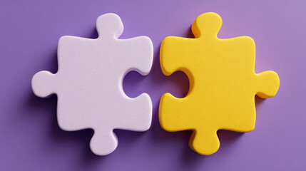 Obraz premium Two puzzle pieces representing teamwork and connection on a vibrant purple backdrop.
