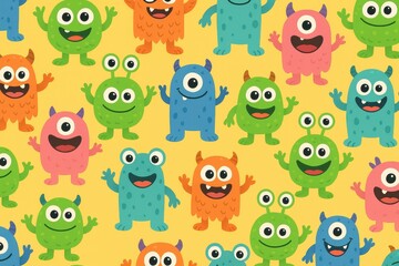 Fototapeta premium Playful Monster Pattern with Cute, Colorful Monsters in Bright Orange, Green, and Blue