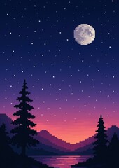 Naklejka premium Pixel art night landscape moon.