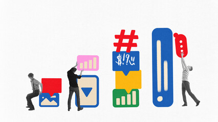 Graphic collage with people holding colorful infographic and UI elements. Concept of data...