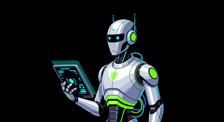 Futuristic Robot Vector SVG Illustration with Tech Device Flat Design in Bright Neon Colors