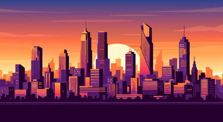 Vector SVG Illustration of City Skyline with Modern Skyscrapers in Flat Geometric Style with Warm Sunset Colors