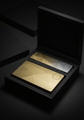 Exclusive gold and silver premium credit cards in a luxury presentation box on a dark background