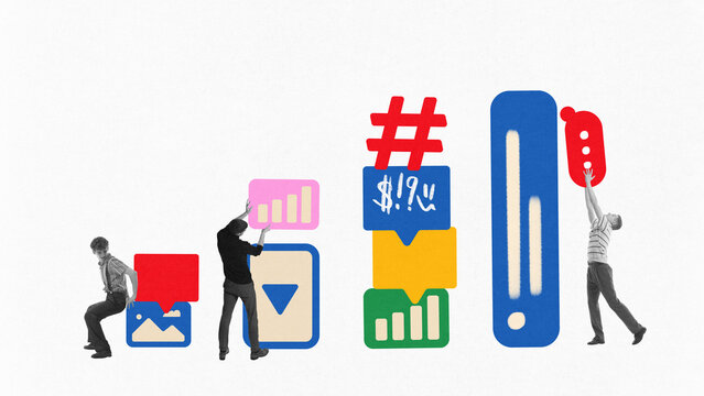 Graphic collage with people holding colorful infographic and UI elements. Concept of data visualization, teamwork, digital communication, online tools and app interface.