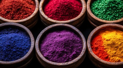 Vibrant bowls filled with colorful powdered pigments showcase an array of hues from deep reds to bright yellows, perfect for artistic projects, food decoration, or cultural celebrations,