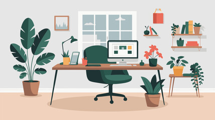 Fototapeta premium Minimalist Vector SVG Illustration of a Home Office Workspace with Plants and Computer in Flat Design Style with Green and Neutral Colors