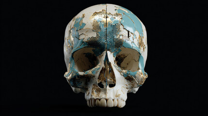 A 3D model of a human skull, a black background. The skull model shows various metal plates and mesh implants strategically, designed to represent medical data for analysis or education.