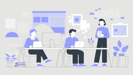 Modern Flat Vector SVG Illustration of Office Scene with People and Plants in Blue Tones