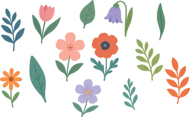 Obraz premium Delightful collection of vector flowers and leaves in a cute and playful hand drawn style