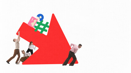 Digital pop-art collage. Group of people carry giant red arrow with colorful social icons. Concept of navigating digital space and collaboration on internet content growth.