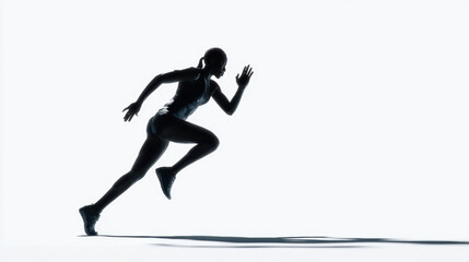 A 3D render side view scene of a woman athlete silhouette sprinting on a totally white screen. Silhouette slim body of Young Fitness Woman start running forward in full body length.