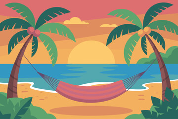 Minimalist Vector SVG Illustration of Tropical Beach Scene with Hammock and Sunset in Flat Design Style