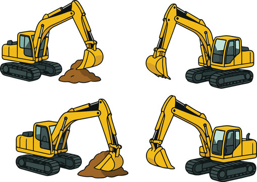 Four vector illustrations depicting bright yellow excavators on a white background