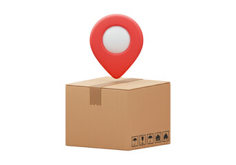 Isolated Shipping Box with Red Location Pin on Top