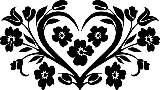 Elegant floral heart design with stylized flowers and leaves in a symmetrical arrangement motif art