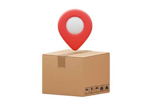 Isolated Shipping Box with Red Location Pin on Top