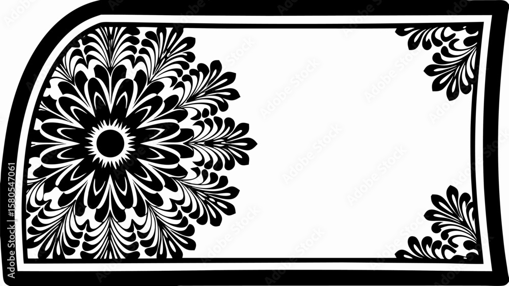 Poster black and white floral design with a rectangular border and rounded corner on the left side