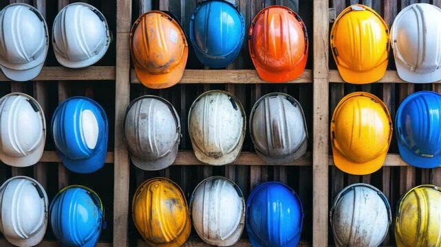 Rows of colorful hard hats organized on a wooden shelf displaying construction safety helmets in a storage area