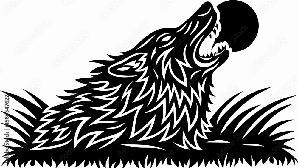 Poster silhouette of a howling wolf with a moon in the background standing in tall grass design vector