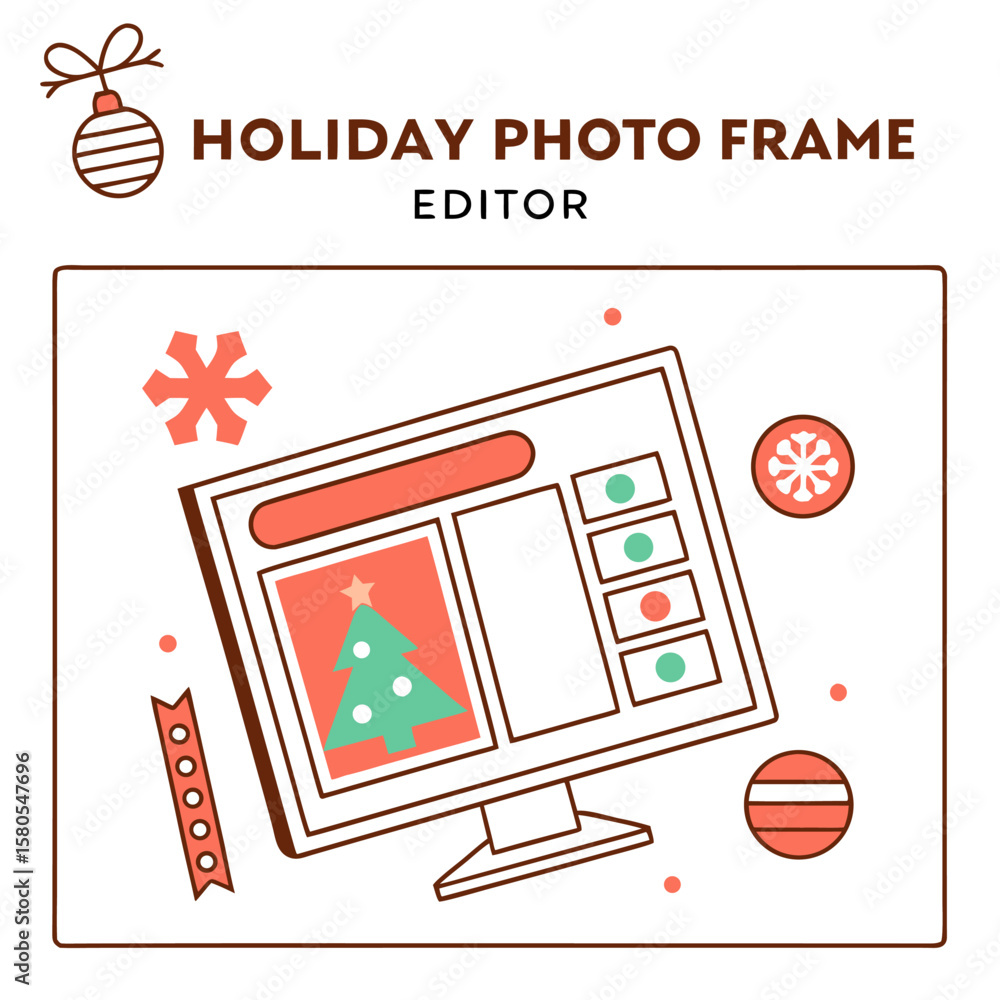 Fototapete illustration of a holiday photo frame editor with christmas tree and ornaments on a computer screen 