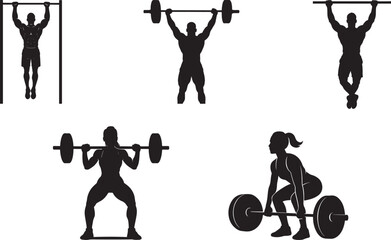 Silhouette illustrations of various weightlifting and calisthenics exercises for fitness enthusiasts