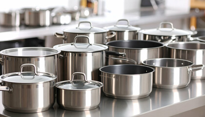 Stainless Steel Pots and Pans Set on Kitchen Counter
