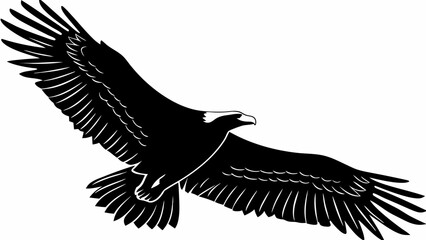 Black and white vector image of an eagle in flight with its wings spread wide against a white background