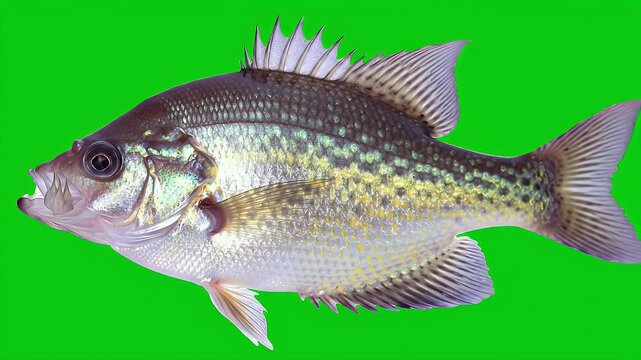 Detailed Freshwater Crappie Fish Isolated on Bright Green Background for Easy Compositing