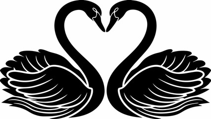 Two swans forming a heart shape with their necks in a symmetrical black and white illustration