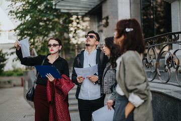 A diverse group of business people engaging in a discussion outside an office building. They seem...