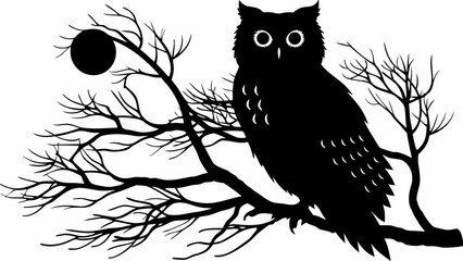 Silhouette of an owl perched on a bare tree branch with a full moon in the background at night time