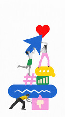 Digital pop-art collage with three people stacking icons, cursor and heart. Concept of teamwork,...