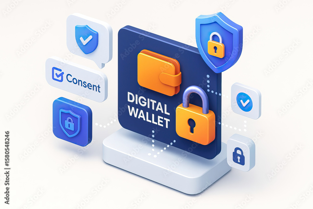 Aufkleber digital wallet concept with secure lock, consent checkmark, and shield icons representing online pay