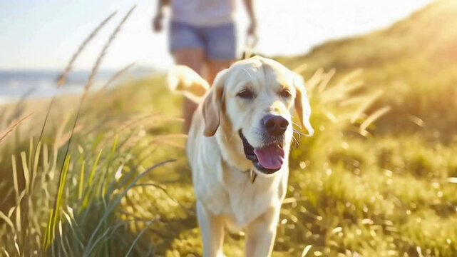 girl walking the dog in nature