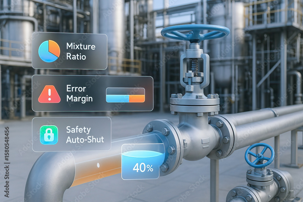 Poster industrial pipeline valve with digital interface showing mixture ratio, error margin, and safety aut