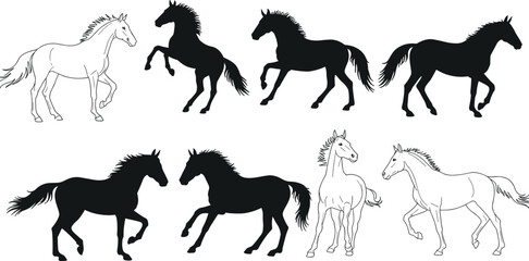 Horse icons cad drawing flat vector illustration, standing and trotting poses in black and outline styles, front view animal layoutHorse icons cad drawing flat 