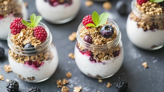 Yogurt parfaits with granola and mixed berries in glass jars are arranged on a dark gray surface with a spoon and
