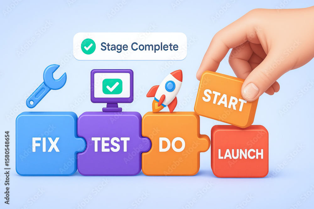 Poster fix test do launch start process concept with colorful puzzle pieces and hand holding start block, b