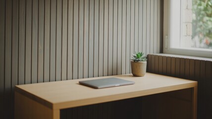 Minimalist wooden desk setup with a laptop and succulent plant by a window, bathed in natural light
