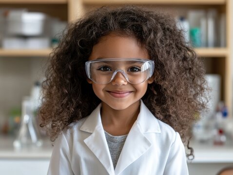 Happy mixed race girl in lab coat and safety glasses in classroom